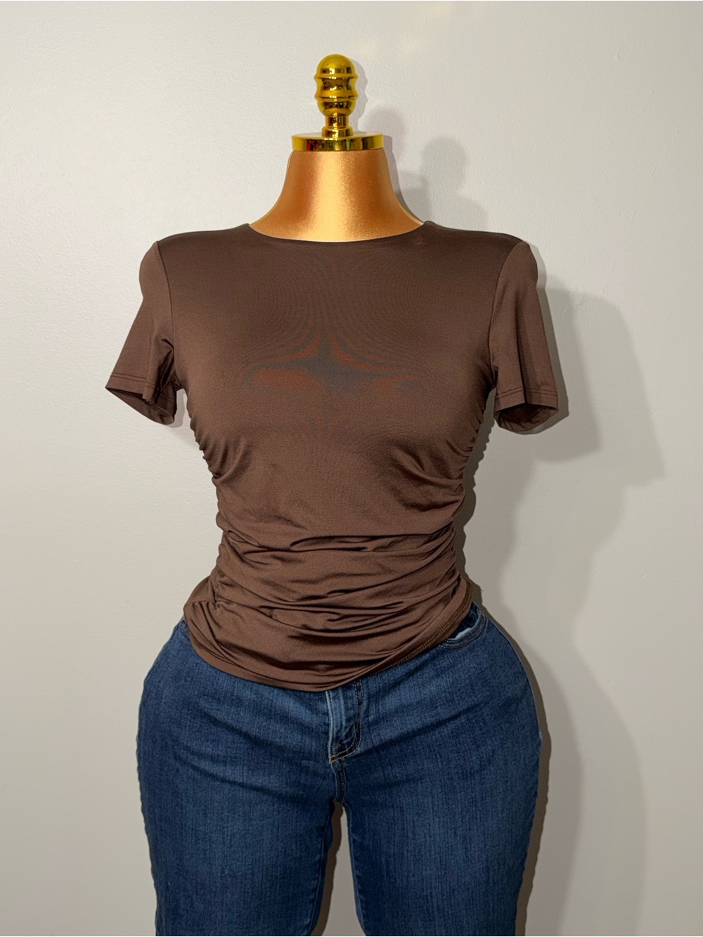 & Other Stories Brown Short-Sleeve Ruched Crewneck Tee